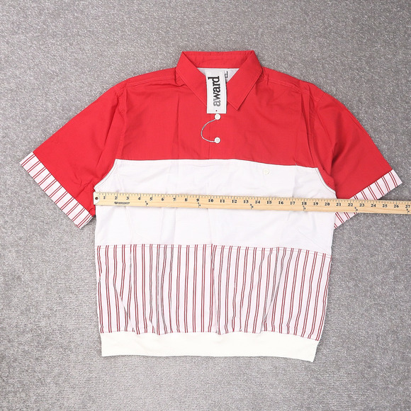 VTG 80s 90s Award Deadstock Medium Red White Striped Short Sleeve Collared Shirt - Picture 4 of 10